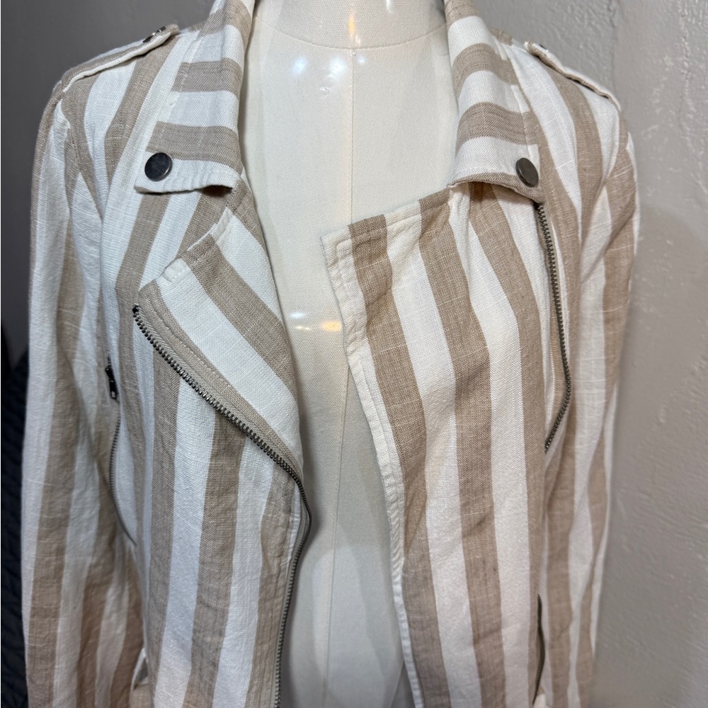 Lulus Striped Moto Jacket Cream Tan Asymmetrical Zip Lightweight Size L - Picture 3 of 12